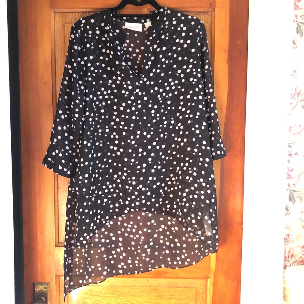 Chico’s black & white polka dot tiered blouse, size 1/M